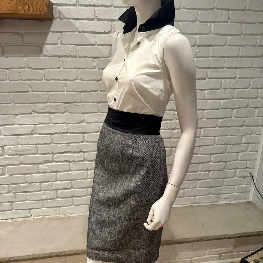 Black White Colorblock Sheath Dress Sleeveless Collared Pencil Dress Work Office